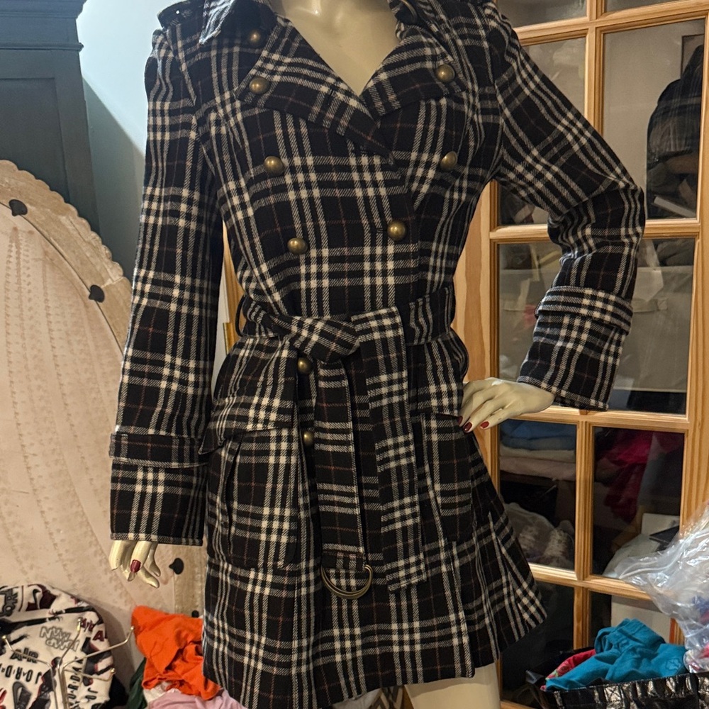 Plaid Double-Breasted Belted Trench Coat - Black & White
